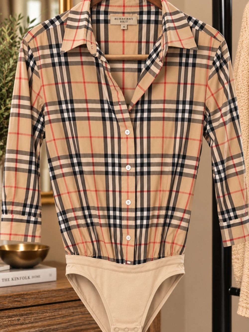 Burberry Beige Plaid Button-Down Bodysuit